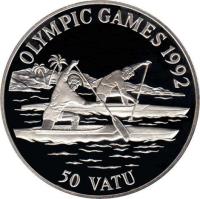 reverse of 50 Vatu - Canoe (1992) coin with KM# 14 from Vanuatu. Inscription: OLYMPIC GAMES 1992 50 VATU
