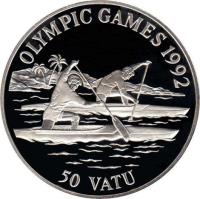 Vanuatu coin 50 Vatu - Canoe (1992) reverse reverse of 50 Vatu - Canoe (1992) coin with KM# 14 from Vanuatu. Inscription: OLYMPIC GAMES 1992 50 VATU