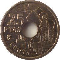 reverse of 25 Pesetas - Juan Carlos I - Ceuta (1998) coin with KM# 990 from Spain. Inscription: 25 PESETAS M CEUTA