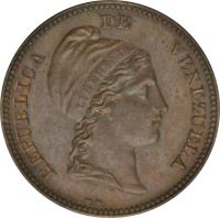 obverse of 1/2 Centavo (1843 - 1852) coin with Y# 2 from Venezuela. Inscription: REPUBLICA DE VENEZUELA LIBERTAD W W