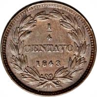 reverse of 1/4 Centavo (1843 - 1852) coin with Y# 1 from Venezuela. Inscription: 1 - 4 CENTAVO 1843