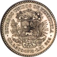 reverse of 10 Centavos (1874 - 1876) coin with Y# 13 from Venezuela. Inscription: · ESTADOS UNIDOS DE VENEZUELA · 19 DE ABRIL 1810 5 DE JULIO 1811 LIBERATAD GR.2.500 · 1876 · LEI 835