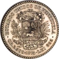 Venezuela coin 10 Centavos (1874 - 1876) reverse reverse of 10 Centavos (1874 - 1876) coin with Y# 13 from Venezuela. Inscription: · ESTADOS UNIDOS DE VENEZUELA · 19 DE ABRIL 1810 5 DE JULIO 1811 LIBERATAD GR.2.500 · 1876 · LEI 835