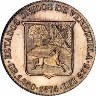 Venezuela coin 5 Centavos (1874 - 1876) reverse reverse of 5 Centavos (1874 - 1876) coin with Y# 12 from Venezuela. Inscription: BOLIVAR LIBERTADOR BARRE A