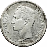 obverse of 50 Centavos (1873 - 1876) coin with Y# 15 from Venezuela. Inscription: BOLIVAR LIBERTADOR BARRE