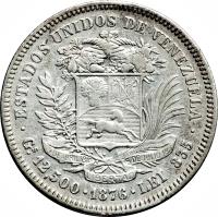 reverse of 50 Centavos (1873 - 1876) coin with Y# 15 from Venezuela. Inscription: ESTADOS UNIDOS DE VENEZUELA Gs 12,500 · 1874 · LEI 835