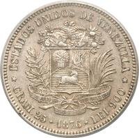 reverse of 1 Venezolano (1876) coin with Y# 16 from Venezuela. Inscription: ESTADOS UNIDOS DE VENEZUELA INDEPENDENcia LIBERTAD 5 DE JULIO 1811 28 DE MARZO 1864 DIOS Y FEDon GRAM.25 1876 LEI 900