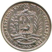 reverse of 2 Bolívares (1945) coin with Y# 23a from Venezuela. Inscription: ESTADOS UNIDOS DE VENEZUELA GRAM 10 1945 LEI 835