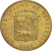 obverse of 12 1/2 Céntimos (1944) coin with Y# 30 from Venezuela. Inscription: ESTADOS UNIDOS DE VENEZUELA 1944