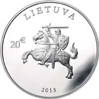obverse of 20 Euro - Lithuania’s Road to Independence - 25th anniversary of the restoration of Lithuania’s independence (2015) coin with KM# 215 from Lithuania. Inscription: LIETUVA 20€ 2015