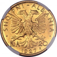 reverse of 20 Franga Ari - Zog I (1926 - 1927) coin with KM# 10 from Albania. Inscription: . SHQIPNI - ALBANIA . Fr:A 20 1927 R