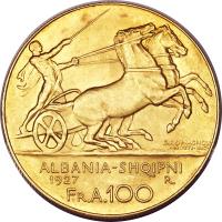 reverse of 100 Franga Ari - Zog I (1927) coin with KM# 11a from Albania. Inscription: G.ROMAGNOLI A · MOTTI · INC · ALBANIA-SHQIPNI 1927 R FR.A.100