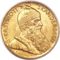 obverse of 20 Franga Ari - Zog I (1926 - 1927) coin with KM# 12 from Albania. Inscription: G · KASTRIOTI · SKANDERBEGU G · ROMAGNOLI