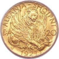 reverse of 20 Franga Ari - Zog I (1926 - 1927) coin with KM# 12 from Albania. Inscription: ALBANIA - SHQIPNI Fr:A 20 V 1927