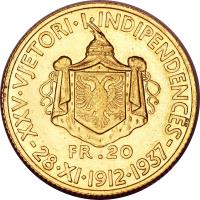 Albania coin 20 Franga Ari - Zog I - Independence (1937) reverse reverse of 20 Franga Ari - Zog I - Independence (1937) coin with KM# 20 from Albania. Inscription: FR.20 XVV.VJETORI.INDIPENDENCËS -28.XI.1912-1937-