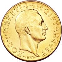 Albania coin 100 Franga Ari - Zog I - Independence (1937) obverse obverse of 100 Franga Ari - Zog I - Independence (1937) coin with KM# 21 from Albania. Inscription: ZOG · I · MBRETI · I · SHQIPTAREVET · 1937R