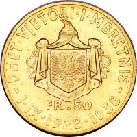reverse of 50 Franga Ari - Zog I - Reign (1938) coin with KM# 25 from Albania. Inscription: FR.50 -DHET · VJETORI · I · MBRETNIS- I · IX · 1928 · 1938