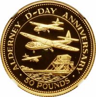 Alderney coin 50 Pounds - Elizabeth II - Normandy Invasion (1994) reverse reverse of 50 Pounds - Elizabeth II - Normandy Invasion (1994) coin with KM# 10 from Alderney. Inscription: ALDERNEY D~DAY ANNIVERSARY · 50 POUNDS ·