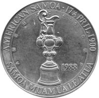 American Samoa coin 25 Dollars - America's Cup (1988) obverse obverse of 25 Dollars - America's Cup (1988) coin with KM# 3 from American Samoa. Inscription: AMERICAN SAMOA · 17 APRIL 1900 AMERICA's CUP 1988 SAMOA MUAMUA LE ATUA