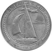 American Samoa coin 25 Dollars - America's Cup (1988) reverse reverse of 25 Dollars - America's Cup (1988) coin with KM# 3 from American Samoa. Inscription: AMERICA'S CUP -55 12 US-55 AMERICA'S CUP'88 5 TROY OUNCES FINE SILVER TWENTY-FIVE DOLLARS