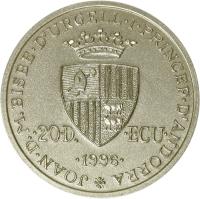 obverse of 20 Diners - Joan Martí i Alanis - Charlemange (1996) coin with KM# 122 from Andorra. Inscription: JOAN · D.M.BISBE · D'URGELL · I PRINCEP · D'ANDORRA · 20 · D.	 · ECU · · 1996 ·