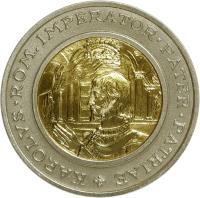 Andorra coin 20 Diners - Joan Martí i Alanis - Charlemange (1996) reverse reverse of 20 Diners - Joan Martí i Alanis - Charlemange (1996) coin with KM# 122 from Andorra. Inscription: KAROLVS · ROM. IMPERATOR · PATER · PATRIAE