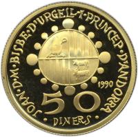 obverse of 50 Diners - Joan Martí i Alanis - Antoni Gaudi (1990) coin with KM# 62 from Andorra. Inscription: JOAN · D · M · BISBE · D'URGELL · I · PRINCEP · D'ANDORRA 1990 50 · DINERS ·