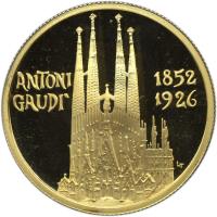 reverse of 50 Diners - Joan Martí i Alanis - Antoni Gaudi (1990) coin with KM# 62 from Andorra. Inscription: ANTONI	1852 GAUDI	1926