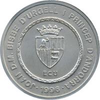 obverse of 50 Diners - Joan Martí i Alanis - Our Lady of Maritxell (1996) coin with KM# 124 from Andorra. Inscription: · JOAN D.M. BISBE D'URGELL I PRINCEP D'ANDORRA · ECU 1996