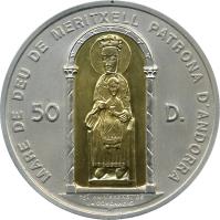 reverse of 50 Diners - Joan Martí i Alanis - Our Lady of Maritxell (1996) coin with KM# 124 from Andorra. Inscription: MARE DE DEU DE MERITXELL PATRONA D'ANDORRA 50	D. 75TH ANIVERSARI DE LA CORONACIO