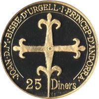 obverse of 25 Diners - Joan Martí i Alanis - Governing Charter (1988) coin with KM# 44 from Andorra. Inscription: JOAN · D.M. · BISBE · D'URGELL · I · PRINCEP · D'ANDORRA