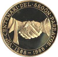 Andorra coin 25 Diners - Joan Martí i Alanis - Governing Charter (1988) reverse reverse of 25 Diners - Joan Martí i Alanis - Governing Charter (1988) coin with KM# 44 from Andorra. Inscription: VIIe · CENTENARY · DEL · SEGON · PAREATGE 1288-1988