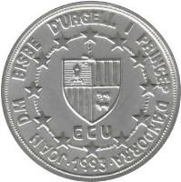 obverse of 20 Diners - Joan Martí i Alanis - ECU Customs Union (1993) coin with KM# 90 from Andorra. Inscription: JOAN D.M BISBE D'URGELL I PRINCEP D'ANDORRA ECU 1993