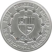 obverse of 20 Diners - Joan Martí i Alanis - ECU Customs Union (1994) coin with KM# 100 from Andorra. Inscription: JOAN D.M BISBE D'URGELL I PRINCEP D'ANDORRA ECU 1994