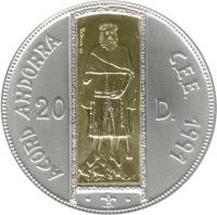 reverse of 20 Diners - Joan Martí i Alanis - ECU Customs Union (1994) coin with KM# 100 from Andorra. Inscription: 20 D. ACORD ANDORRA C.E.E. 1991