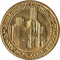 Andorra coin 25 Diners - Joan Martí i Alanis - Millenary of the Bishop of Salla (1989) obverse obverse of 25 Diners - Joan Martí i Alanis - Millenary of the Bishop of Salla (1989) coin with KM# 61 from Andorra. Inscription: JOAN-D.M.BISBE-D'URGELL-I-PRINCEP-D'ANDORRA- MCMLXXXIX