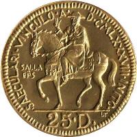 Andorra coin 25 Diners - Joan Martí i Alanis - Millenary of the Bishop of Salla (1989) reverse reverse of 25 Diners - Joan Martí i Alanis - Millenary of the Bishop of Salla (1989) coin with KM# 61 from Andorra. Inscription: SAECULARI-VINCULO-A-D-CMLXXXVIII-INITO SALLA EPS 25-D. LT