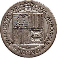 obverse of 25 Diners - Joan Martí i Alanis - Episcopal Co-prince (1991) coin with KM# 69 from Andorra. Inscription: ET.PRINCEPS.VAL LIVM.ANDORRAE MCMXCI