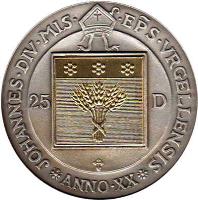 reverse of 25 Diners - Joan Martí i Alanis - Episcopal Co-prince (1991) coin with KM# 69 from Andorra. Inscription: JOANES.DIV.MIS. .EPS.VRGELLENSIS *ANNO.XX* 25 D
