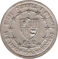 Andorra coin 50 Diners - Joan Martí i Alanis - 1st Anniversary of Andorran Constitution (1994) obverse obverse of 50 Diners - Joan Martí i Alanis - 1st Anniversary of Andorran Constitution (1994) coin with KM# 104 from Andorra. Inscription: JOAN D.M BISBE D'URGELL I PRINCEP D'ANDORRA ECU 1994