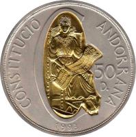 Andorra coin 50 Diners - Joan Martí i Alanis - 1st Anniversary of Andorran Constitution (1994) reverse reverse of 50 Diners - Joan Martí i Alanis - 1st Anniversary of Andorran Constitution (1994) coin with KM# 104 from Andorra. Inscription: CONSTITUCIO ANDORRANA 50 D. 1993