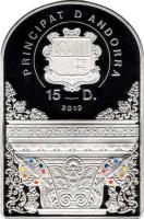 Andorra coin 15 Diners - Joan Enric Vives i Sicília - Madonna and Child with two Angels (2012) obverse obverse of 15 Diners - Joan Enric Vives i Sicília - Madonna and Child with two Angels (2012) coin with KM# 328 from Andorra.