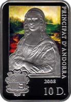 obverse of 10 Diners - Joan Enric Vives i Sicília - Leonardo da Vinci (2008) coin with KM# 244 from Andorra. Inscription: PRINCIPAT D'ANDORRA 2008 10 D.