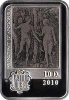 obverse of 10 Diners - Joan Enric Vives i Sicília - Albrecht Dürer (2010) coin with KM# 283 from Andorra. Inscription: PRINCIPAT D'ANDORRA 2010 10 D.