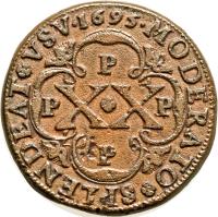 Angola coin 20 Réis - Pedro II (1693 - 1699) reverse reverse of 20 Réis - Pedro II (1693 - 1699) coin with KM# 1 from Angola. Inscription: MODERATO SPLENDEAT VSV · 1695 · P P X X P P