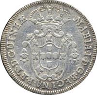 obverse of 4 Macutas - Maria I (1789 - 1796) coin with KM# 32 from Angola. Inscription: MARIA · I · D · G · REGINAE · PORT · ET · D · GUINEƷ