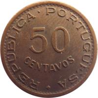 reverse of 50 Centavos (1953 - 1961) coin with KM# 75 from Angola. Inscription: REPÚBLICA · PORTUGUESA 50 CENTAVOS