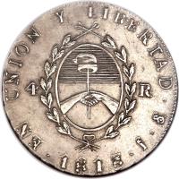 obverse of 4 Reales (1813 - 1815) coin with KM# 4 from Argentina. Inscription: EN UNION Y LIBERTAD . S . ? . 4 R 1813