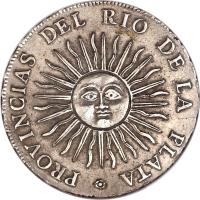 reverse of 4 Reales (1813 - 1815) coin with KM# 4 from Argentina. Inscription: PROVINCIAS DEL RIO DE LA PLATA .