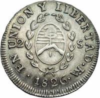 obverse of 2 Soles (1824 - 1826) coin with KM# 18 from Argentina. Inscription: PROVINCIAS DEL RIO DE LA PLATA *